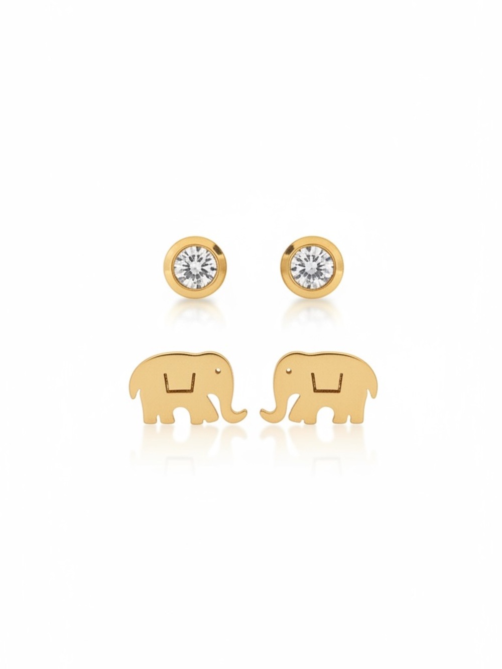 Gold Elephant & Rhinestone Post Stainless Steel 1/2” Earrings 2 Piece Set Pair